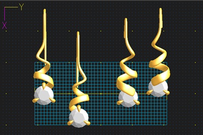 3D-CADの設計画面上で、ゴールドに輝くリボン状の螺旋パーツの先端に、3本の爪でダイヤモンドがホールドされているピアスの正面図