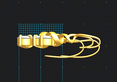 3D-CAD画面上で、ゴールドのリボンパーツが滑らかなS字を描きながら真横へと立体的に膨らんでいるサイドビューのモデリング図