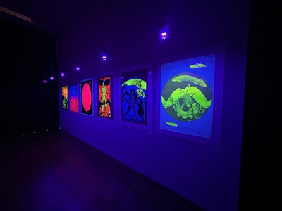 暗室で蛍光色に光る幻想的な展示風景
