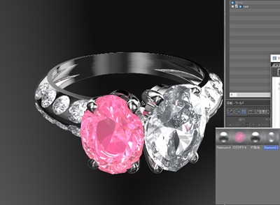 完成予想のCG画像が映る画面の前で、実際に石留め作業が行われている様子。