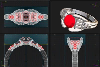 パソコンのCAD画面に表示された、ルビーリングの3D設計図。上・横・斜めなど4つの異なる角度からのワイヤーフレームと、赤いルビーが配置されたリングの立体モデル