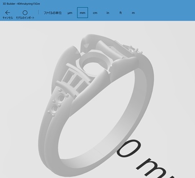 3D Builderソフトの画面に表示された、リング全体の立体的なグレーの3Dモデル。宝石を留めるための穴やスリットが精密に表現されている