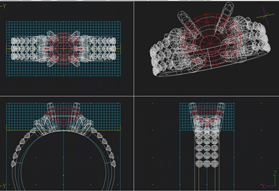 CAD画面に表示された、イエロー系のスフェーンを中央に配した華やかなジュエリーリングの3Dデザイン設計図。