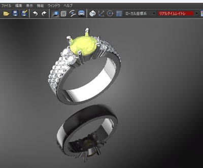 PC画面上にリアルに表現された、プラチナとダイヤモンド、イエロースフェーンが美しく輝くジュエリーのCGレンダリング画像。