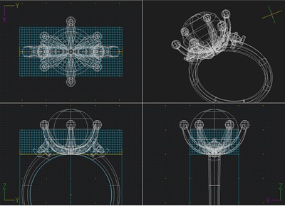 パソコンの画面上に表示された、真珠とサイドストーンを配置したリングの3DデザインCADデータ