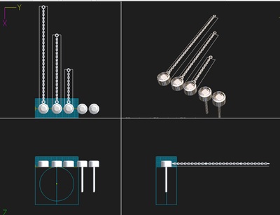 3DCADで作成されたリメイクの全体設計図。メインの伏せ込みピアスと、長さの異なる3本の揺れるチャームの構成