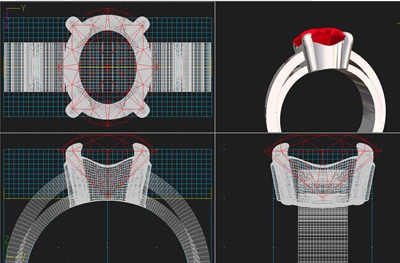 3D CAD画面に4画面分割で表示された、大粒のオーバルカット石を配置したシンプルなリングの設計図。