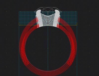 3D CADの正面アングル。大粒のトルマリンが指馴染みよく、極力低くすっきりとアームに収まっている設計図。