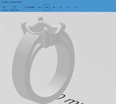 3Dプリンター専用ソフトの画面に映し出された、グレーの樹脂製リングのデジタル立体造形モデル。