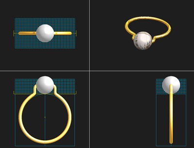 CADソフトで制作された一粒真珠の極細リングの4面3Dシミュレーション画面