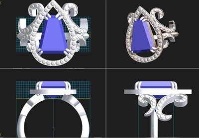 3D CAD画面に表示された正面・側面・上部のリング設計モデリングデータ