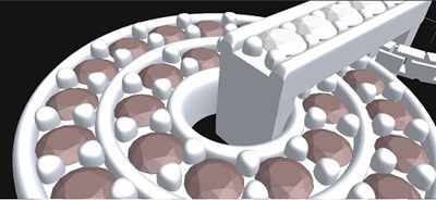 3D CAD画面の超拡大表示。白い円盤フレームの上にドーム状のダイヤモンドが綺麗に並び、それぞれの石を固定するための小さな丸い地金の爪(共有爪)が等間隔に配置されている三次元モデリングのクローズアップ画像。