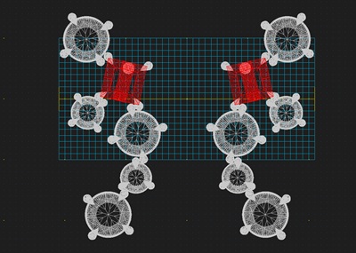 3D-CADソフトウェアの画面で設計されている、スクエアシェイプのエメラルド(赤色表示)とラウンドダイヤモンドのピアスワイヤーフレームデザイン
