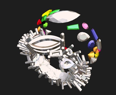 3D-CAD画面上で、配置されたカラフルなファンシーダイヤモンドデータをサイドへずらし、精密なプラチナ枠データのみを抽出した立体モデリング