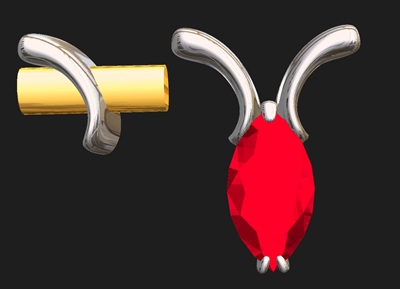 3D CADでレンダリングされたペンダントトップのデザインイメージ。鮮やかな赤色のマーキスルビーの上に、イニシャル「Y」の形をした滑らかなプラチナ風のフレームが伸びており、左側にはチェーンを通すための空間(穴)の内部構造が金色のシリンダーで視覚化されている画像。