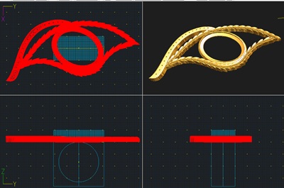 ジュエリー用の3D CADソフト画面。赤い線で描かれたリーフ(葉)の2次元曲線と、ゴールドにレンダリングされた立体的な葉と中央の石座フレームが、正面・側面など4つの分割画面で表示されているスクリーンショット。