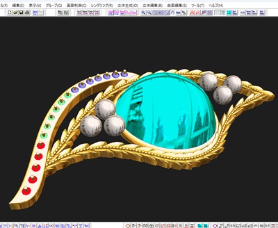3D CAD画面に浮かび上がるブローチの完成三次元モデル。ゴールドのリーフフレームの中央に鮮やかなライトブルーの大きな半球体が配置され、その左右に白い真珠、さらに左側の流れるような枝パーツの上にカラフルなピンでメレダイヤモンドの配置が指定されているレンダリング画像。