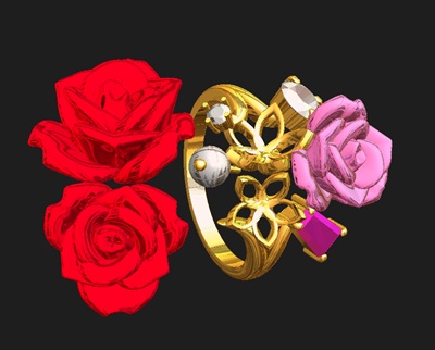 3D-CADソフトの画面で、ピックアップされた薔薇の珊瑚(赤・ピンク)と地金リングの配置を組み立てているデザイン初期画面