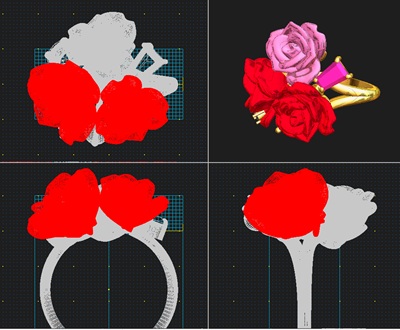 CADソフトの4面図画面で、薔薇の傾きやカラーストーン、真珠の配置を立体的に調整している設計図