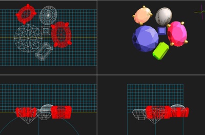 ジュエリー用3D CADソフトの画面。左上はワイヤーフレームで描かれた宝石の配置図、右上はカラフルな立体感を持つレンダリング画像、下半分はそれぞれの石の高さや傾きをミリ単位で調整している側面図が並ぶスクリーンショット。