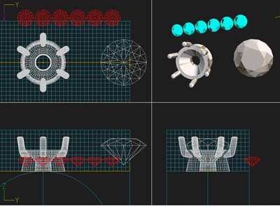 JewelCADの画面に描かれた、6本爪のメインシャトン（石座）とダイヤモンドの3Dグラフィックモデル
