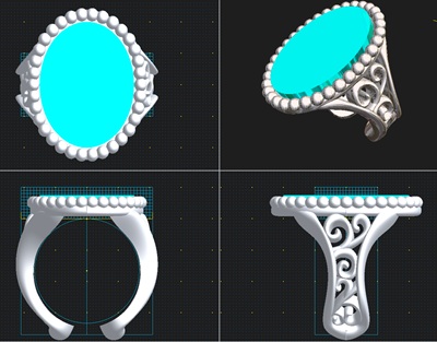 4つの角度から描かれたミル打ちと唐草模様の透かしが入ったカメオリングの3D CAD画面