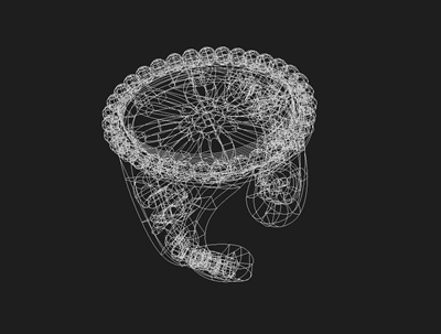 黒背景に白いワイヤーフレームで表現された繊細なカメオリングの3Dモデル