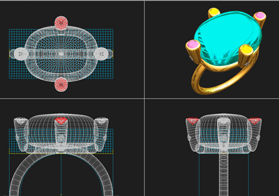 3DCAD画面に表示されたブルーオパールリングの上・側・斜めからの立体設計図