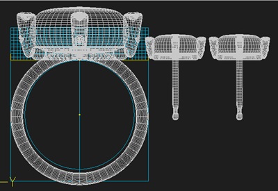 リングとピアスのワイヤーフレーム構造を表示したCAD画面の側面図