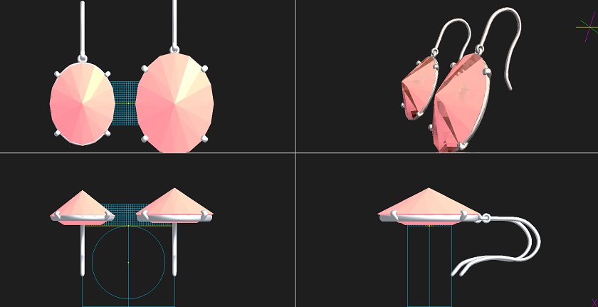 ジュエリーCAD画面に表示されたオーバルカットのローズクォーツとフックピアスの3Dデザイン図