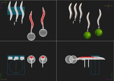 3DCGで作成されたブラックパールピアスの多角的なデザイン図解画面